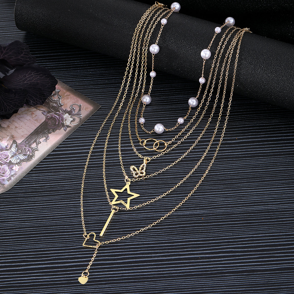 Conjunto de collares de varias capas chapados en oro – Elegancia de 6 piezas con estrellas y perlas