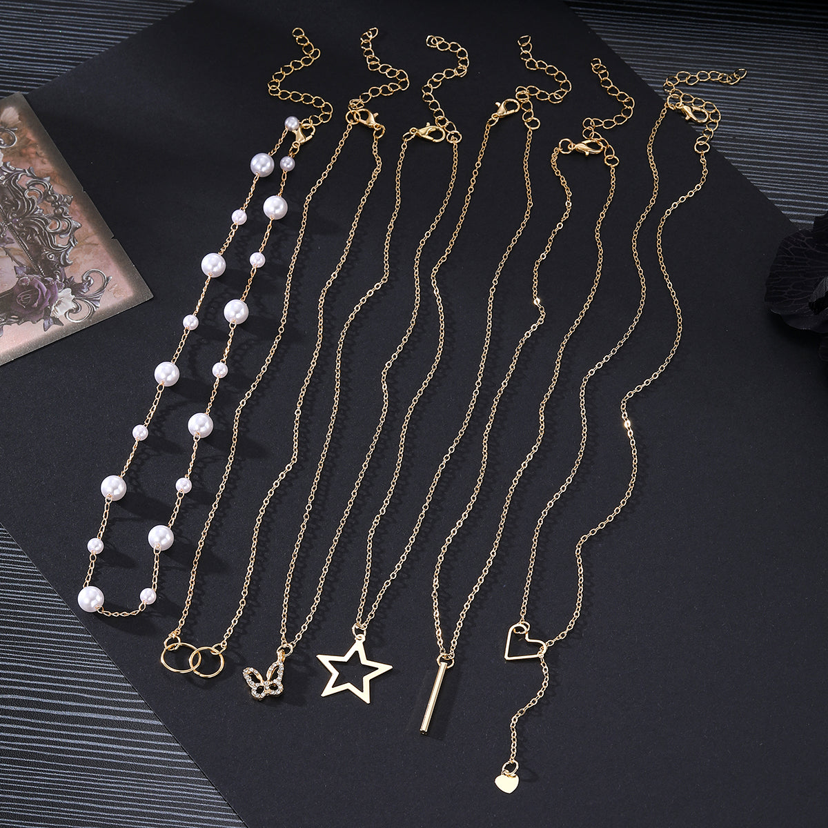 Conjunto de collares de varias capas chapados en oro – Elegancia de 6 piezas con estrellas y perlas