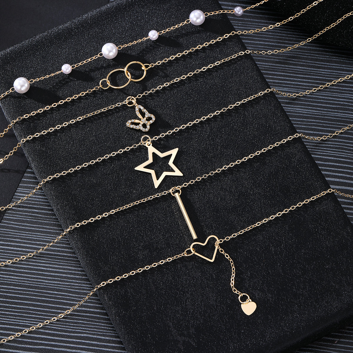 Conjunto de collares de varias capas chapados en oro – Elegancia de 6 piezas con estrellas y perlas