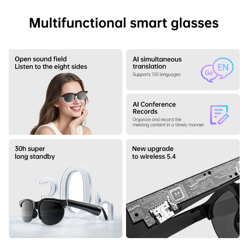 Gafas inteligentes con IA: audio Bluetooth, asistente de voz y traducción