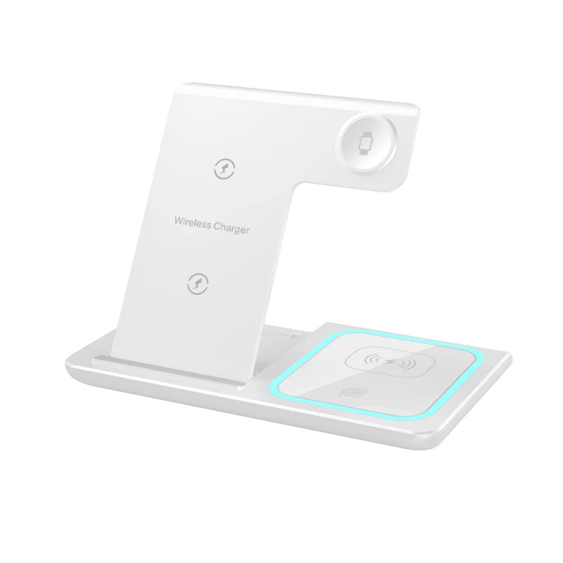 Cargador inalámbrico 3 en 1 de 15 W: base de carga rápida para teléfono, reloj y auriculares.