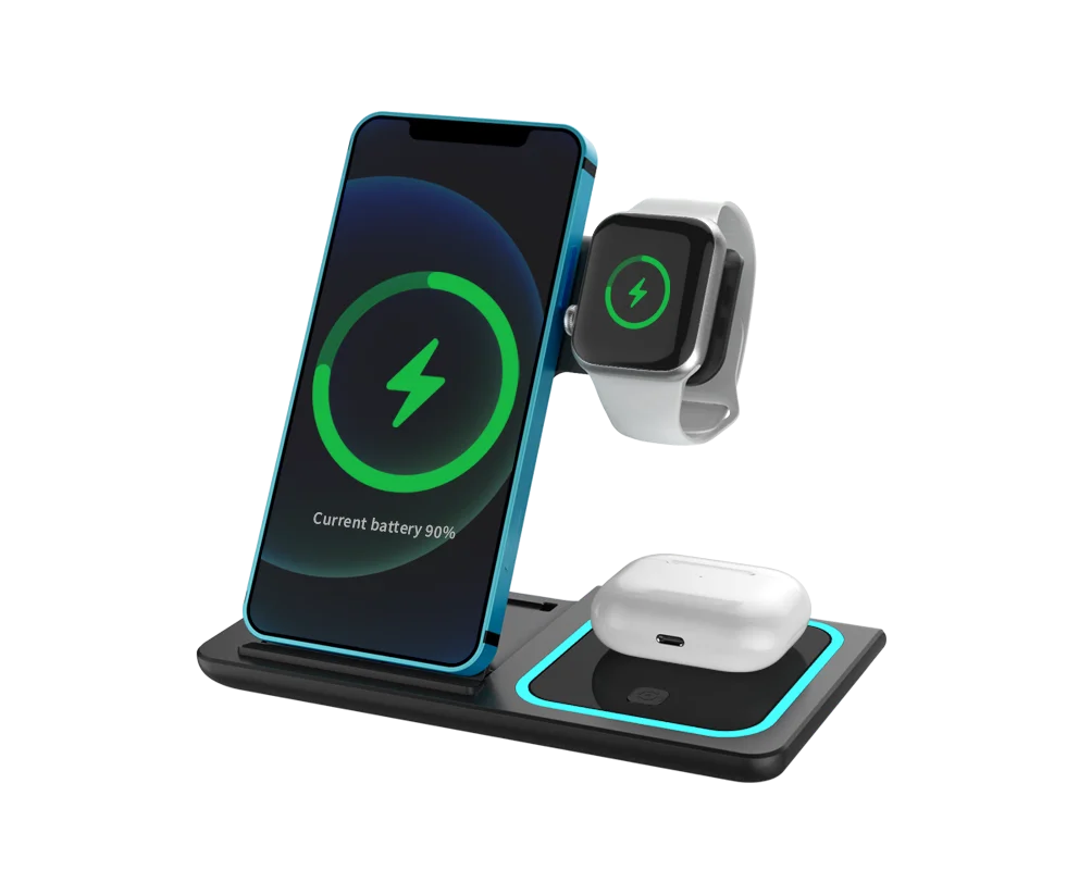 Cargador inalámbrico 3 en 1 de 15 W: base de carga rápida para teléfono, reloj y auriculares.