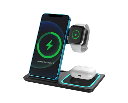 Cargador inalámbrico 3 en 1 de 15 W: base de carga rápida para teléfono, reloj y auriculares.
