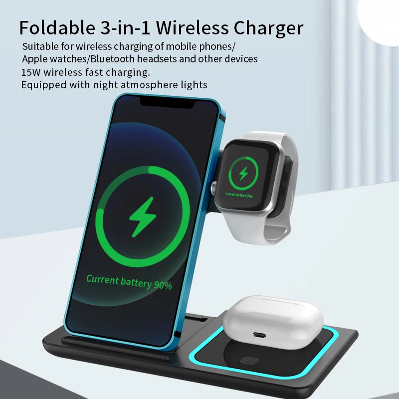 Cargador inalámbrico 3 en 1 de 15 W: base de carga rápida para teléfono, reloj y auriculares.